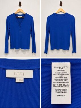 LOFT Cobalt Blue Ribbed Long Sleeve Henley Top M
